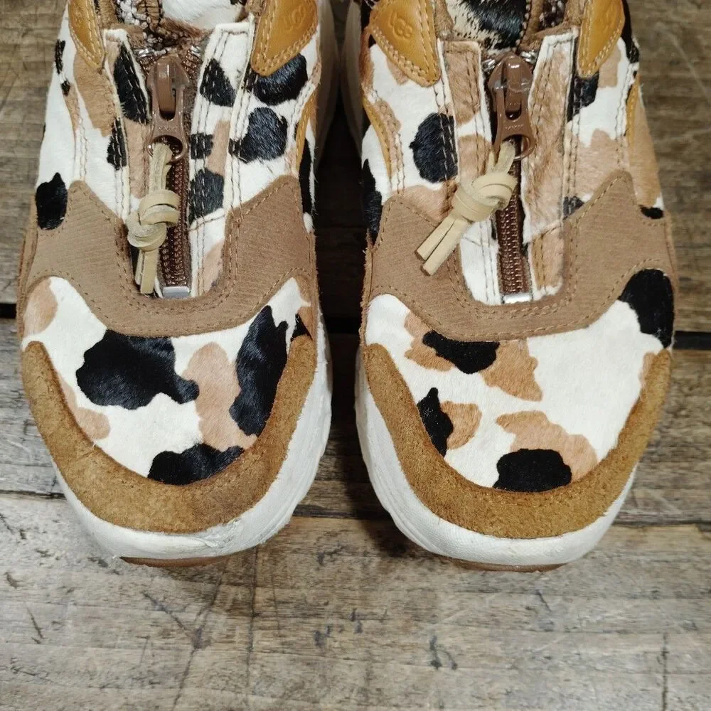 Ugg Sneakers 7.5 Cow Print 1120717 Brown Black Cream Zip Shoes Suede Platform